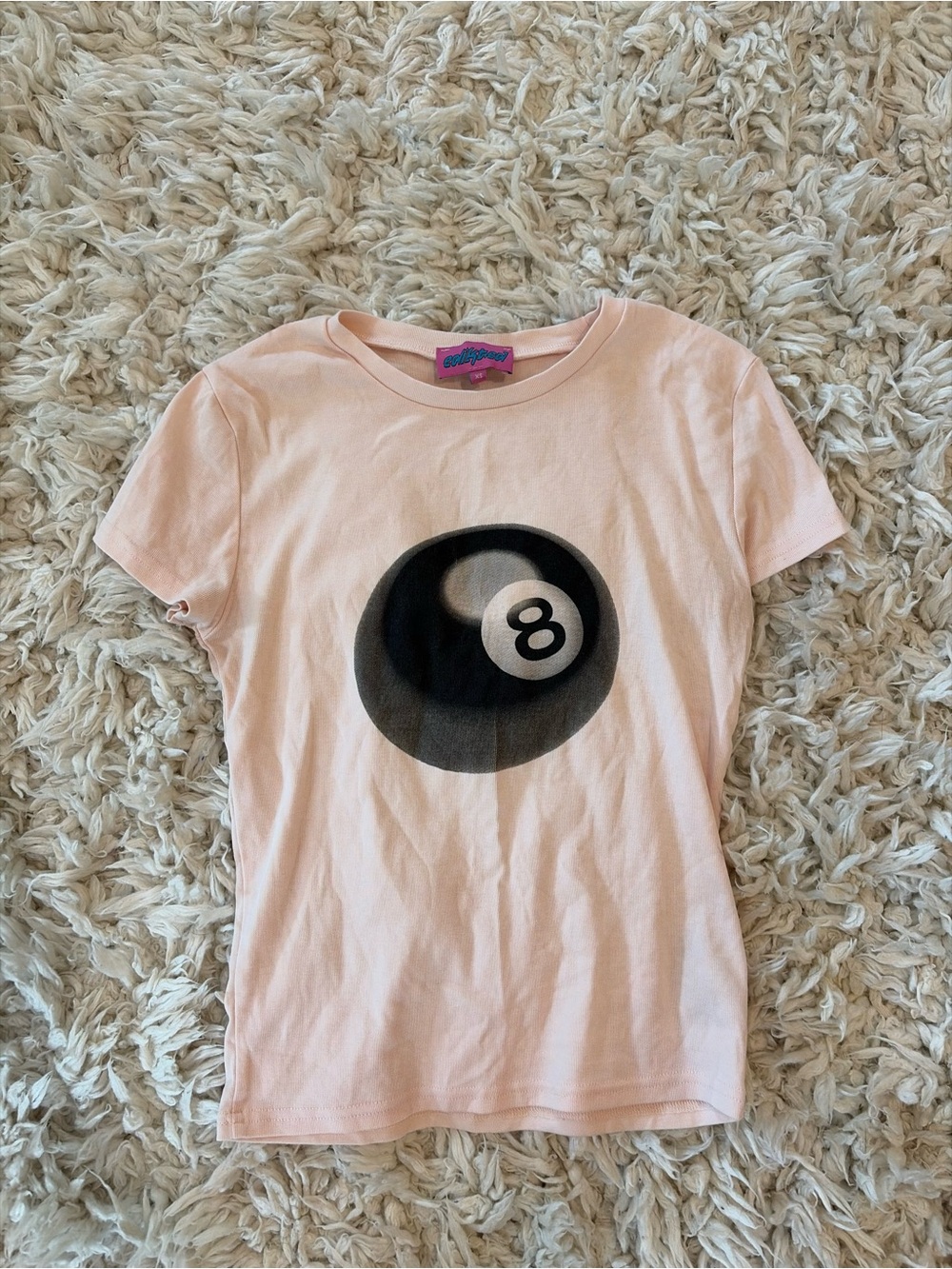 Edikted Light Pink Short Sleeve Tee with Black 8-Ball Graphic